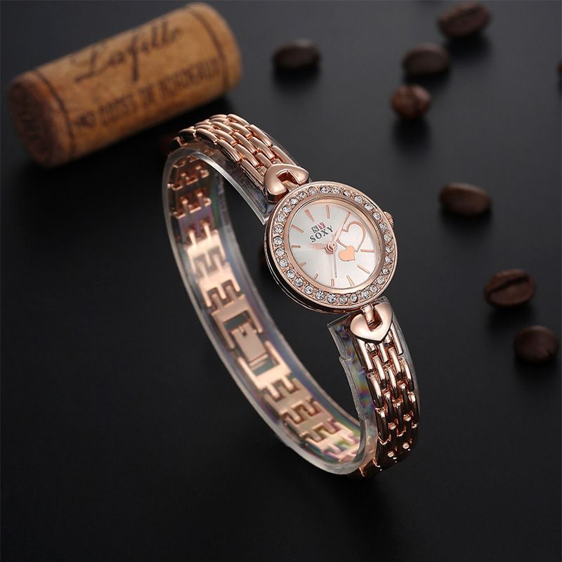 프리미엄 여성 판매 모델 손목 시계 라운드 다이아몬드 합금 로즈 골드 팔찌 시계 / 