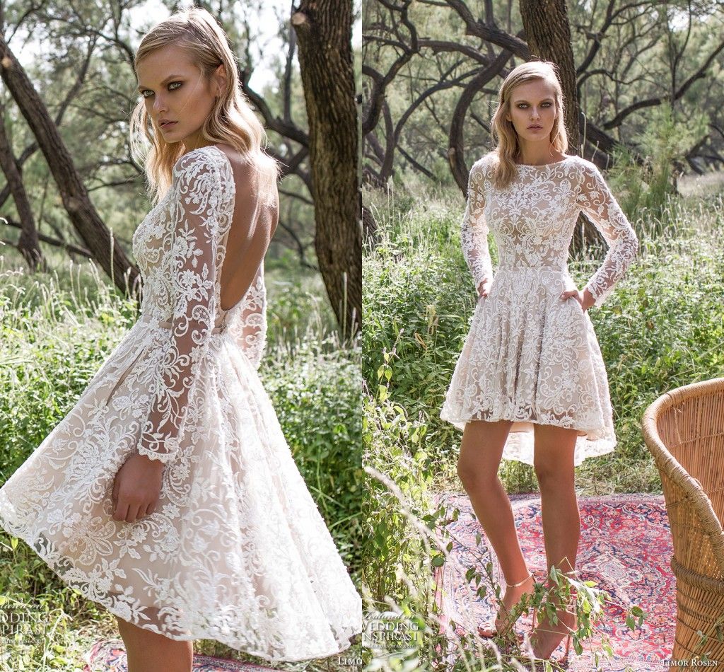 Discount 2017 Lace Short Beach Wedding Dresses Sheer Long