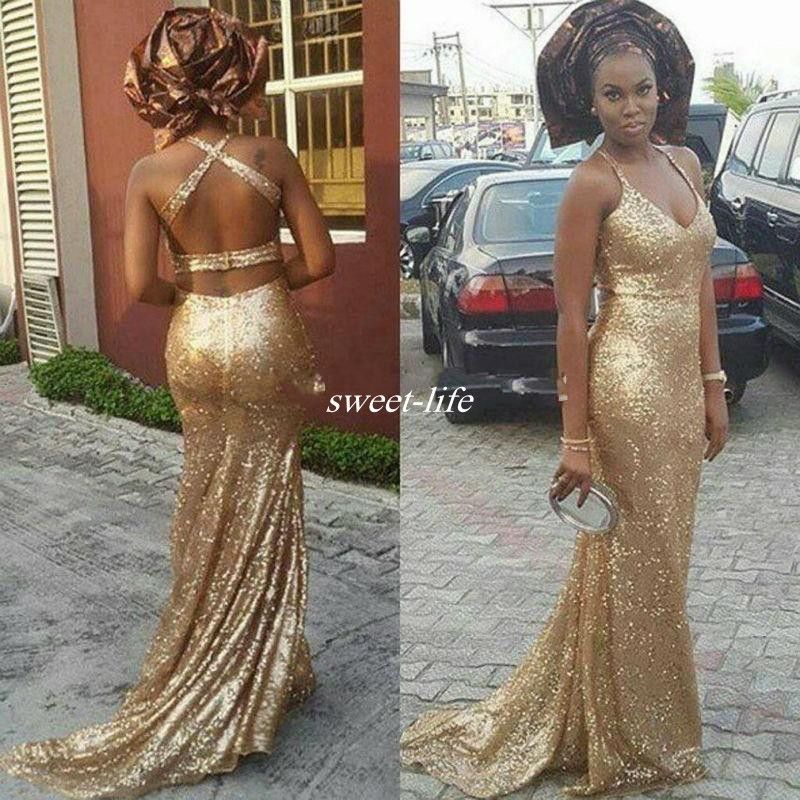 Sparkly Gold Sequin Backless Prom Dresses Mermaid Spaghetti Straps 2016 ...