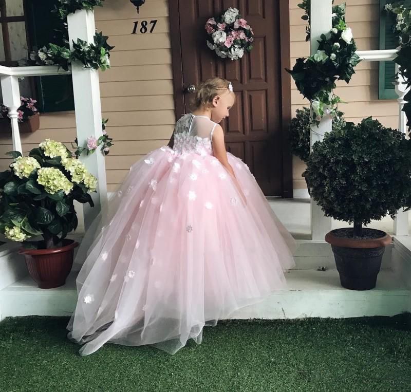 Baby Pink Ball Gown Flower Girls Dresses Crew Sheer Neck Appliques