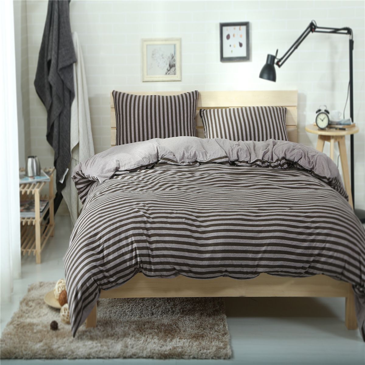 Home Textile100 High Quality Cotton Knitting Brown And White Stripe Home Textile100 High Quality Cotton Knitting Brown And White Stripe Bedding Sets Queen King Size Duvet Cover Beddingsheet Comforter Black