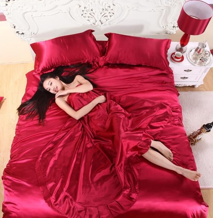 100 pure satin silk bedding set home textile king size bed set satin silk bed sheets