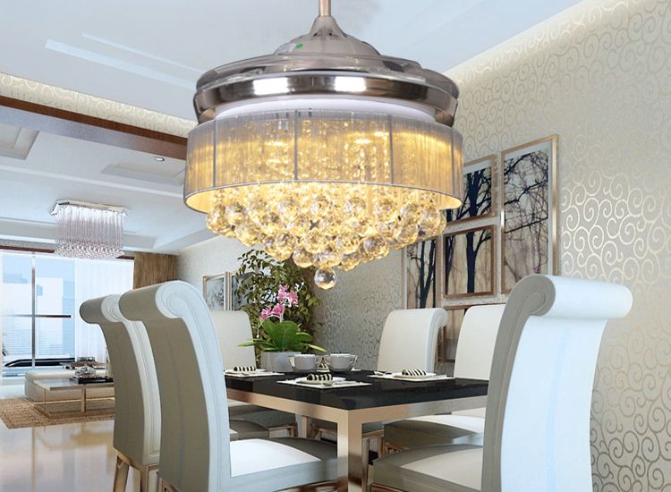 Crystal Chandelier Ceiling Fan Light With Fabric Drum Lamp Shade 36w Crystal Chandelier Ceiling Fan Light With Fabric Drum Lamp Shade 36w Dimmable 42 Inch Fans Remote Control 110v 220v Lights