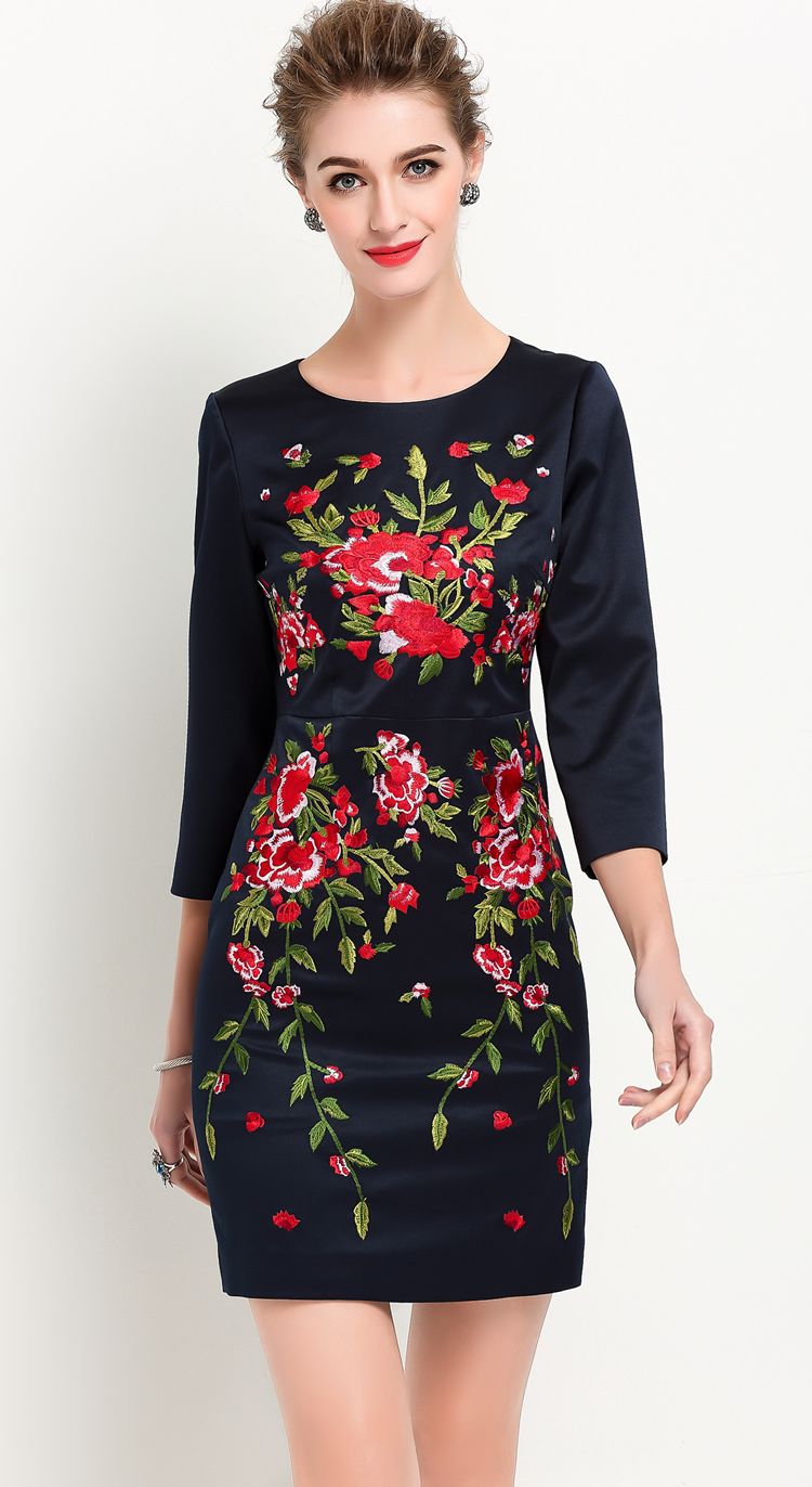 Embroidery Women Sheath Dress Round Neck 3/4 Sleeve Party Dresses ...