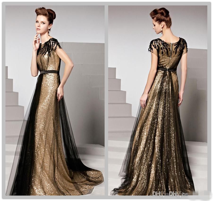Spring Black And Gold Sequin Plus Size Evening Gowns With Short Sleeves Vestidos Longo Beaded 