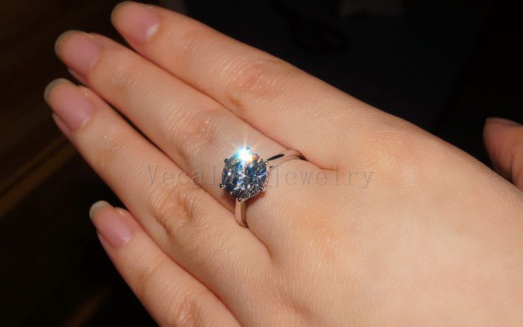 Vecalon 2016 бренд женское пасьянс кольцо 4CT симулированное Diamond CZ 925 стерлингового серебра съедобное кольцо для женщин