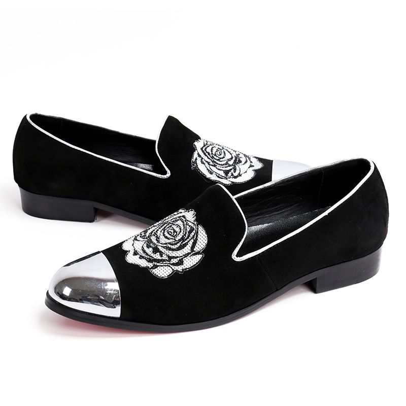 Fashion Silver Metal Toe Genuine Suede Leather Men Loafers Floral