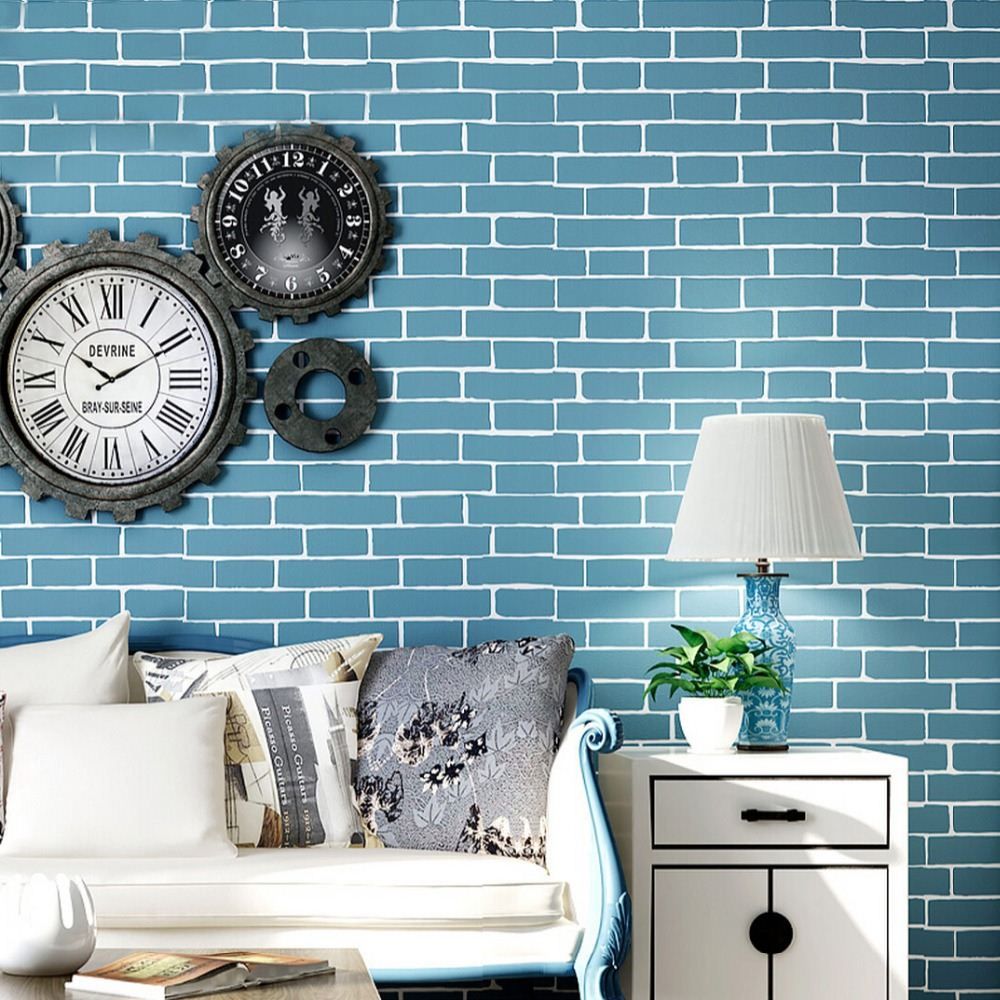 Mediterranean Blue Brick Pattern Non Woven Wallpaper 3d Imitation