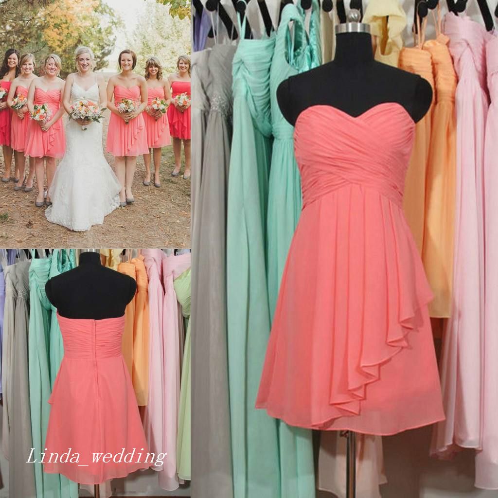 Short Coral Bridesmaid Dress A Line Sweetheart Chiffon Knee Length