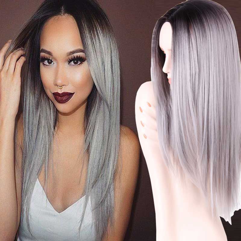 Grey Ombre Wig False Hair Synthetic Wigs for Black Women 26 Long