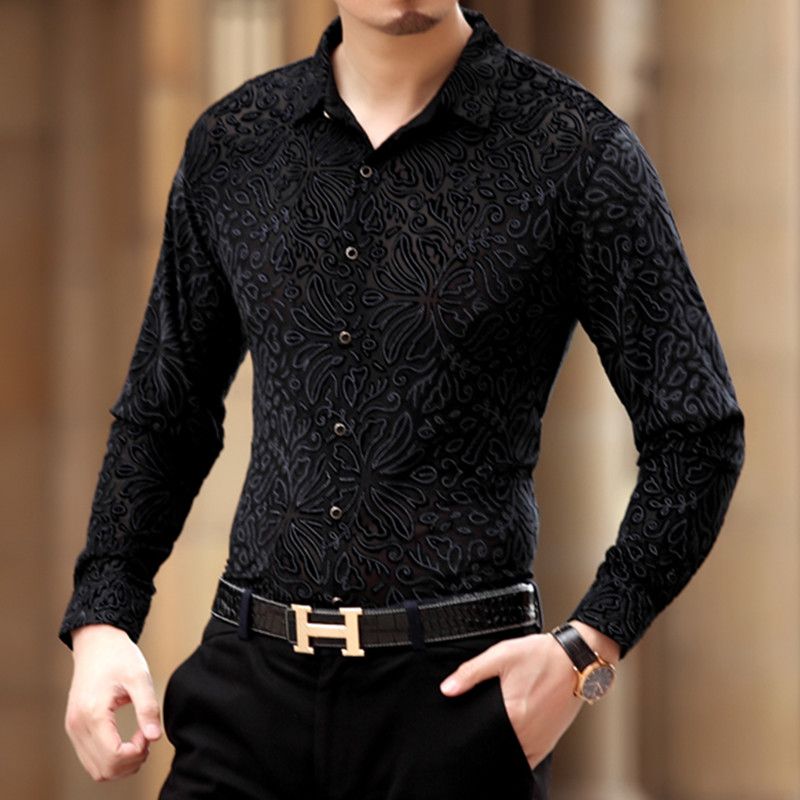 2016 Mens See Through Shirts Black Velvet Shirts Transparent Camisas ...