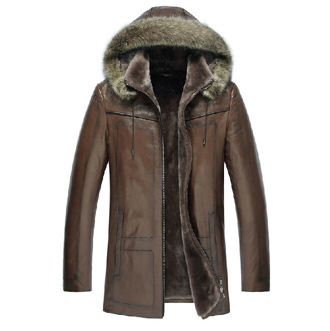 2019 2014 Mens Genuine Leather Fur Coat 100% Real Raccoon Fur Collar ...