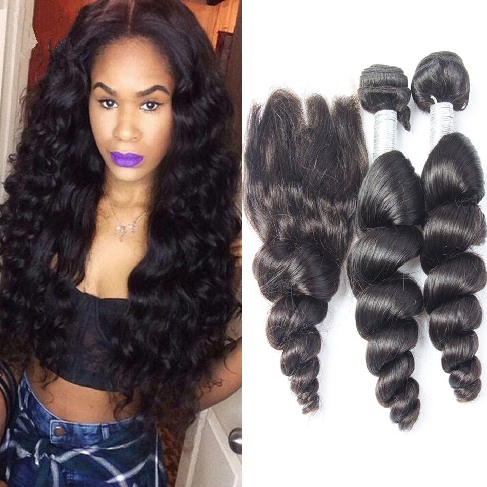 Loose Wavy Peruvian Hair Weave With 4 4 Lace Top Closure Loose
