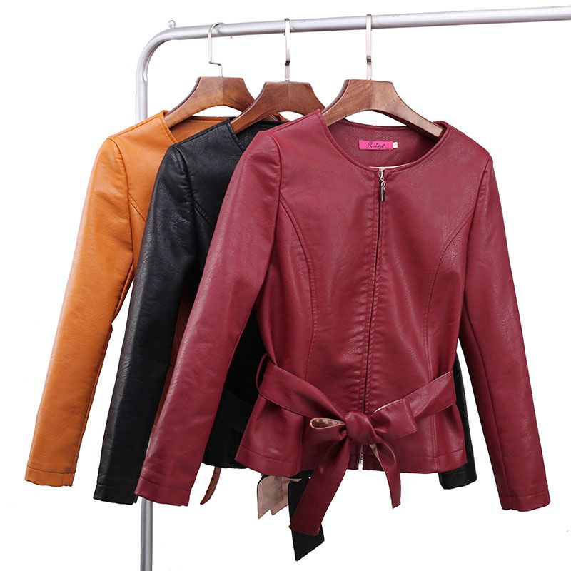 Women S Slim Washed Pu Leather Jacket Fashion O Neck Zipper Bright Colors Coats New Las Basic Jackets Windbreaker