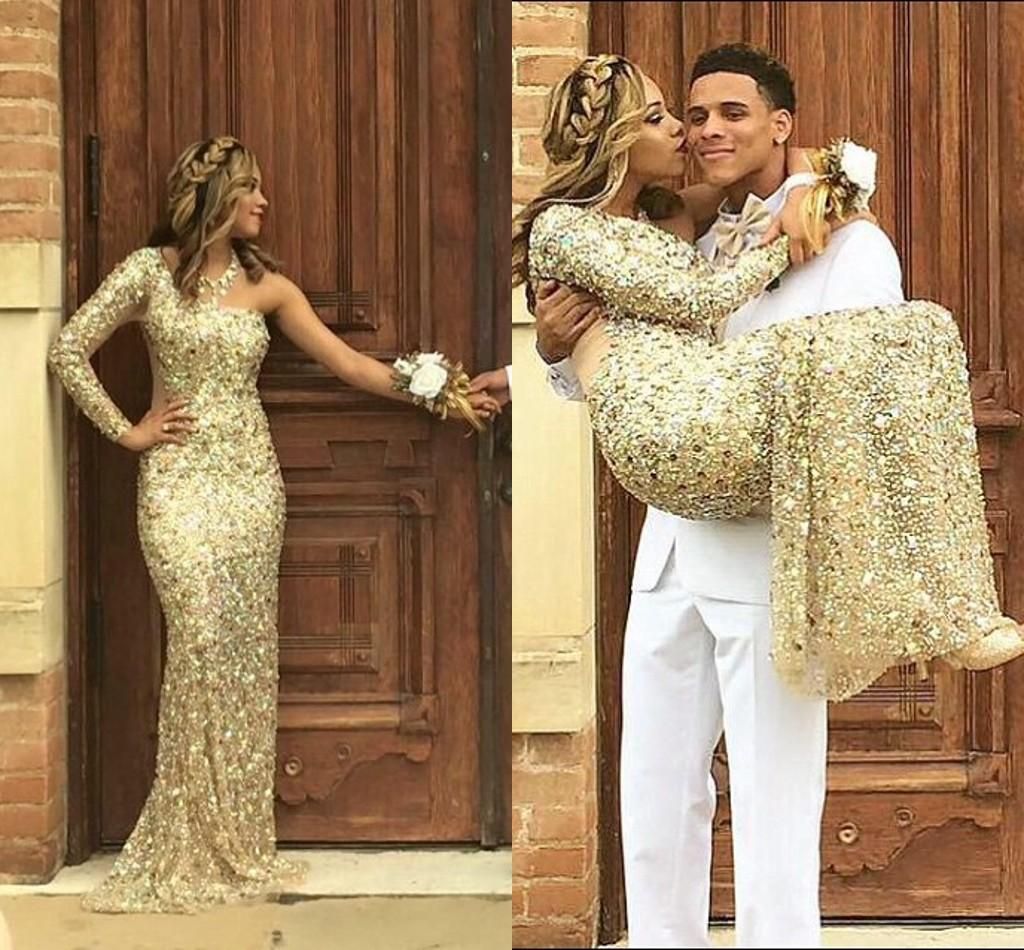 One Shoulder Gold Prom Dress