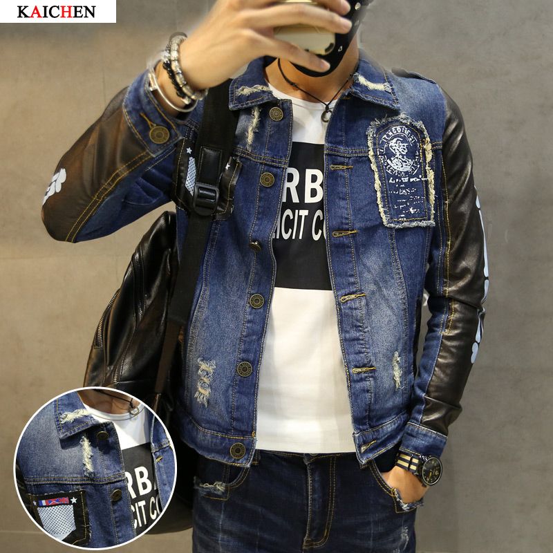 Whole Denim Jacket With Leather Sleeves 2018 New Blue Jeans Whole Denim Jacket With Leather Sleeves 2018 New Blue Jeans Men Vintage Stage Motorcycle Plus Size M Xl Outerwear Sheepskin