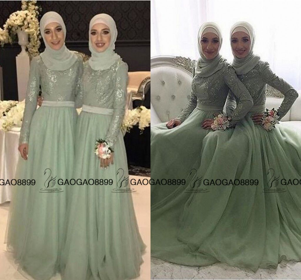 2017 Mint Sage Lace Tulle Long Sleeve Muslim Bridesmaid Dresses Mumu ...