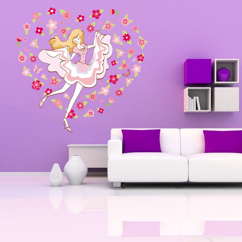 Colorful Flowers Around Dancing Girl Wall Decal Stickers Fashion