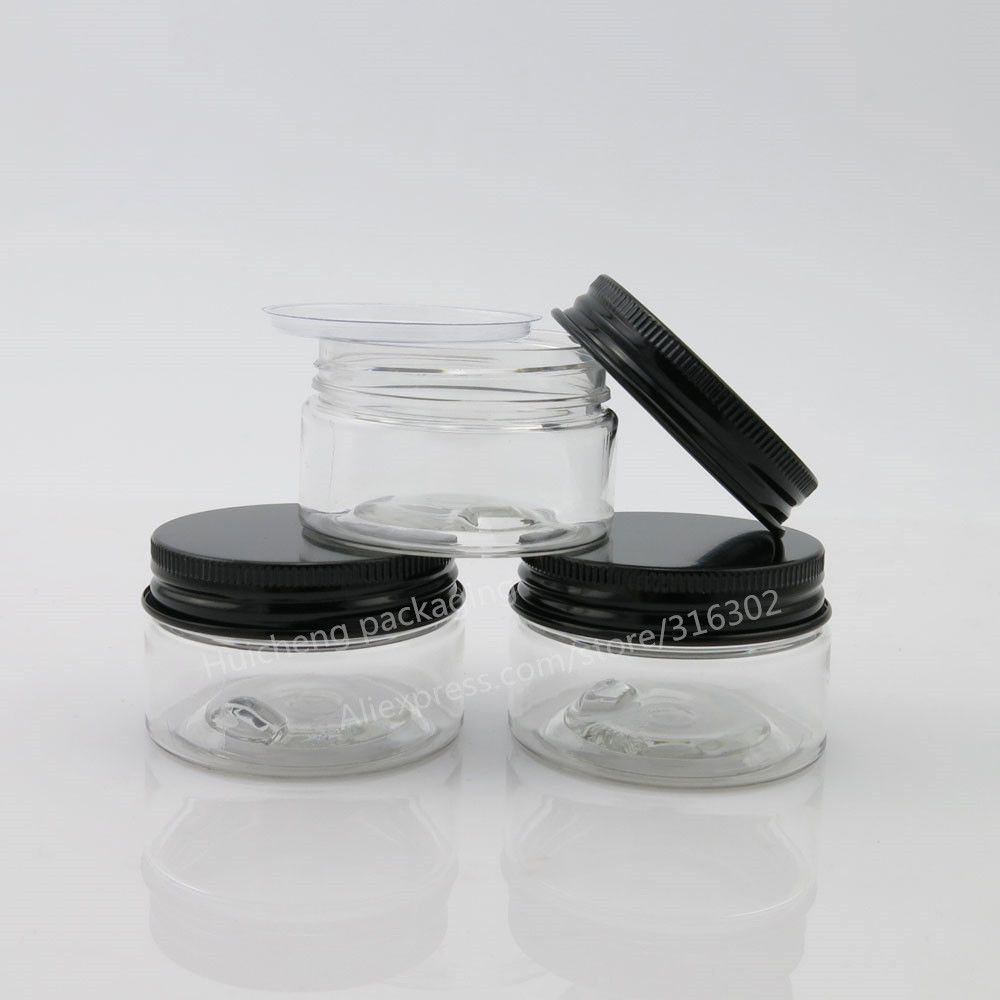 Empty Pet Plastic Jars Aluminum Black Lids Clear Pots Cosmetic 30g 1oz Container 50pcs