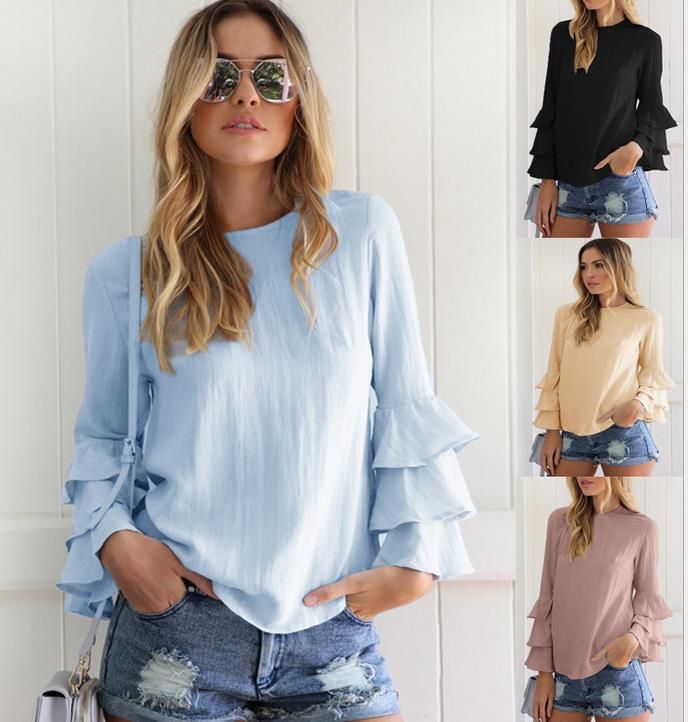 Compra SHEIN Manga Plisada Con Volantes Dolphin Hem Top Blusas Para Mujer  Verano Cuello Redondo Media Manga Casual Blusa Alta Barato | Entrega Rápida  Y Calidad | Es.Dhgate