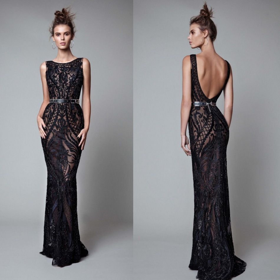 Berta Beading Backless Evening Dresses Black Full Lace Mermaid Prom ...