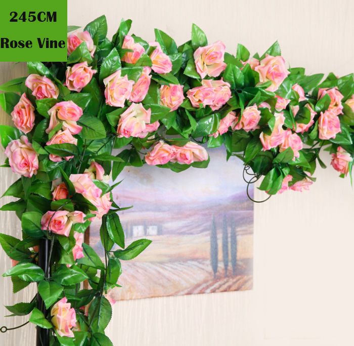 245cm 10 Colors Wedding decoration Artificial Fake Silk Rose Flower Vine Hanging Garland Wedding Home Decor Decorative Flowers \u0026 Wreaths