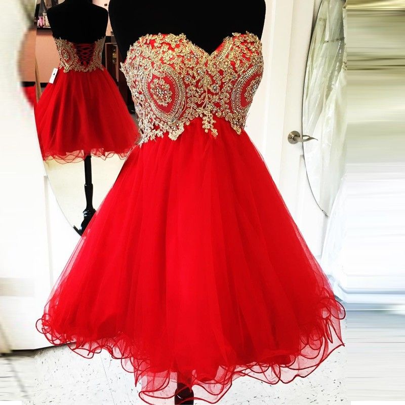 red and gold short prom dresses