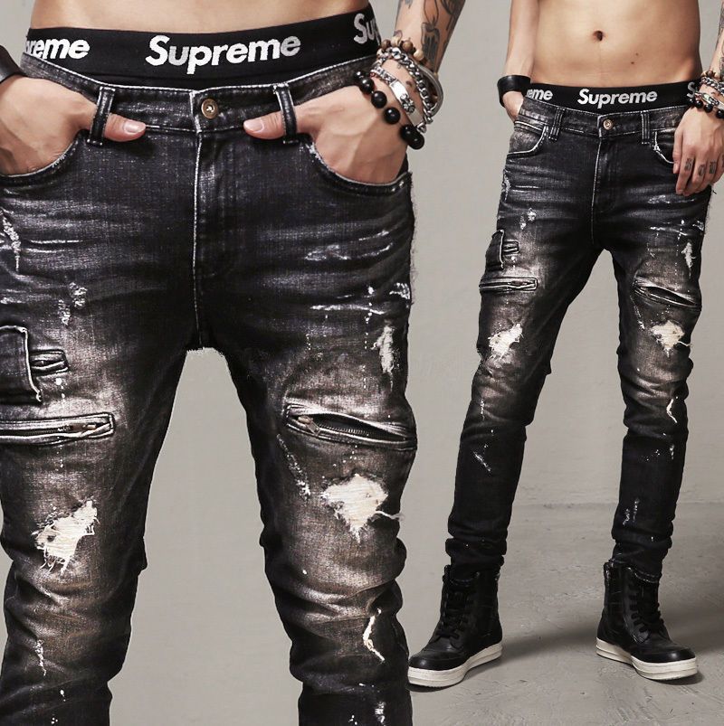 Wholesale-2016 Skinny Jeans Men Hip Hop Biker Jeans Multi-pocket Jeans ...