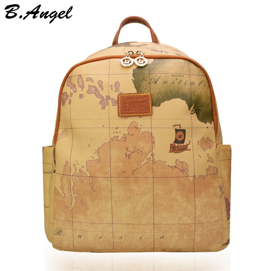 High Quality World Map Backpack Women Retro Leather Backpack Brand