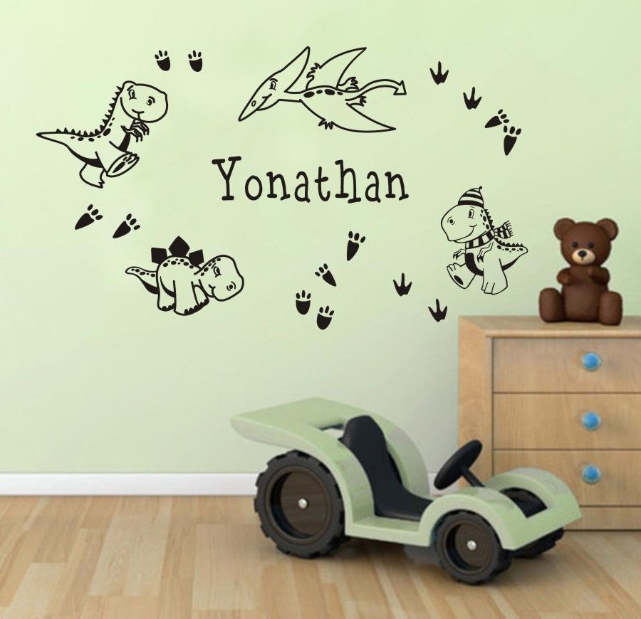 personalized boys name wall sticker custom made cartoon dinosaurs