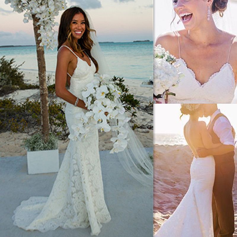 Bohemia Beach Wedding Dresses Full Lace Backless Spaghetti Straps