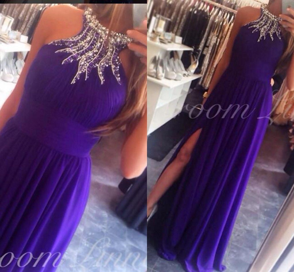 2016 Cheap Purple Arabic Evening Dresses Halter Crystals Beaded A Line
