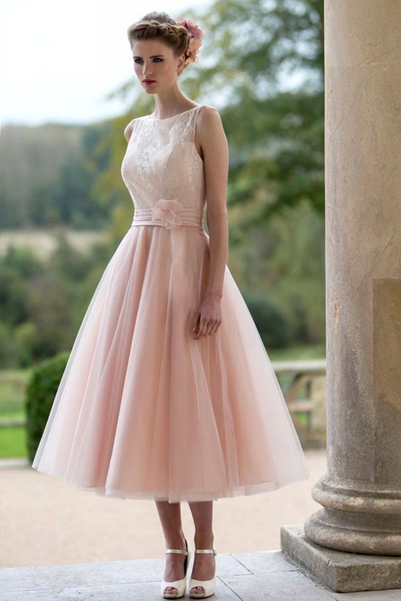 blush pink tea length wedding dress