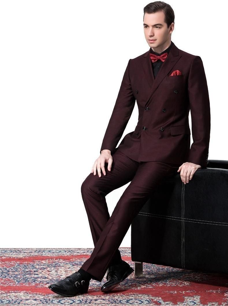 Side Vent DoubleBreasted Burgundy Groom Tuxedos Peak Lapel Groomsmen