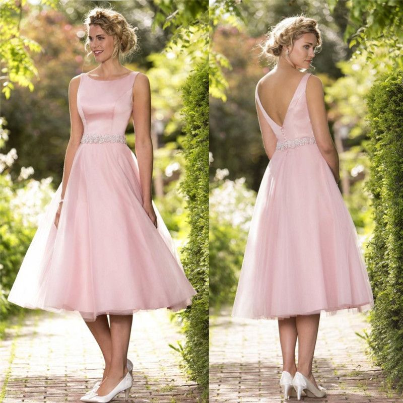 Graceful Pink Mother Off Bride Dresses Scoop Neckline Tea Length Mother Of The Bride Dress