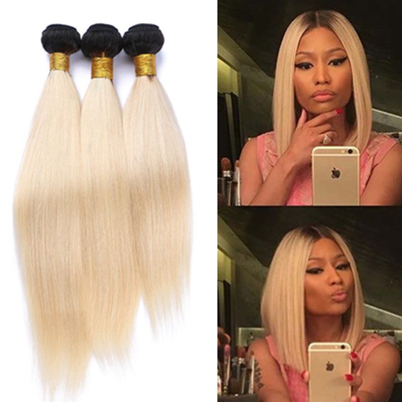 8a Brazilain Ombre Hair Weave Two Tone Silky Straight Human Hair Extensions 1b 613 Blonde Dark Root Ombre Hair Weft 3 Bundles Lot