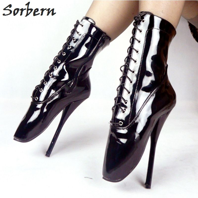 Hot Black Patent Leather Ballet Heel Boot Shoes Ultra High Heel 18Cm/7