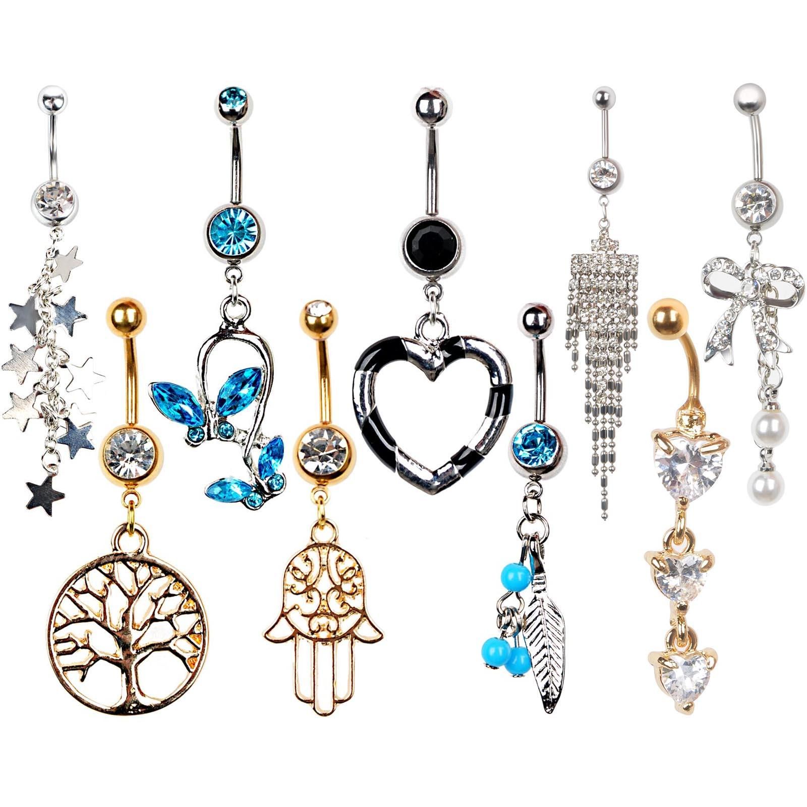 2019 Rhinestone Navel Rings Belly Button Bar Ring Dangle Body Piercing
