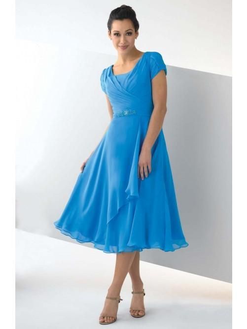 New Cheap Mother of the bride Dresses for Women Square Neck Short Sleeves Tea Length Blue Chiffon Plus Size Formal Wedding Guest Dress