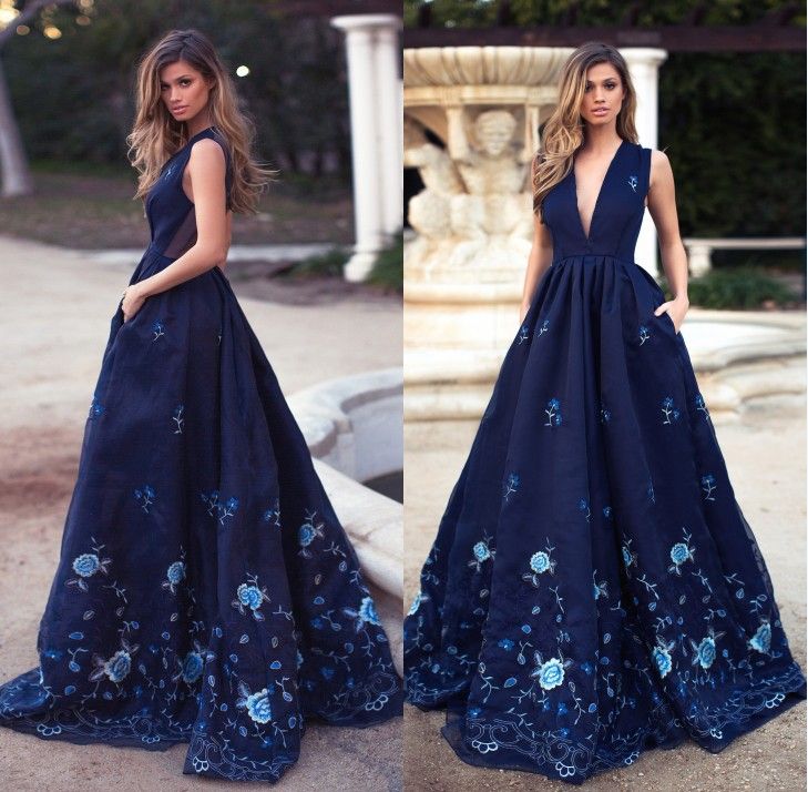 Navy Blue Deep V Neck Prom Dresses A Line 2016 Embroidery Appliques ...