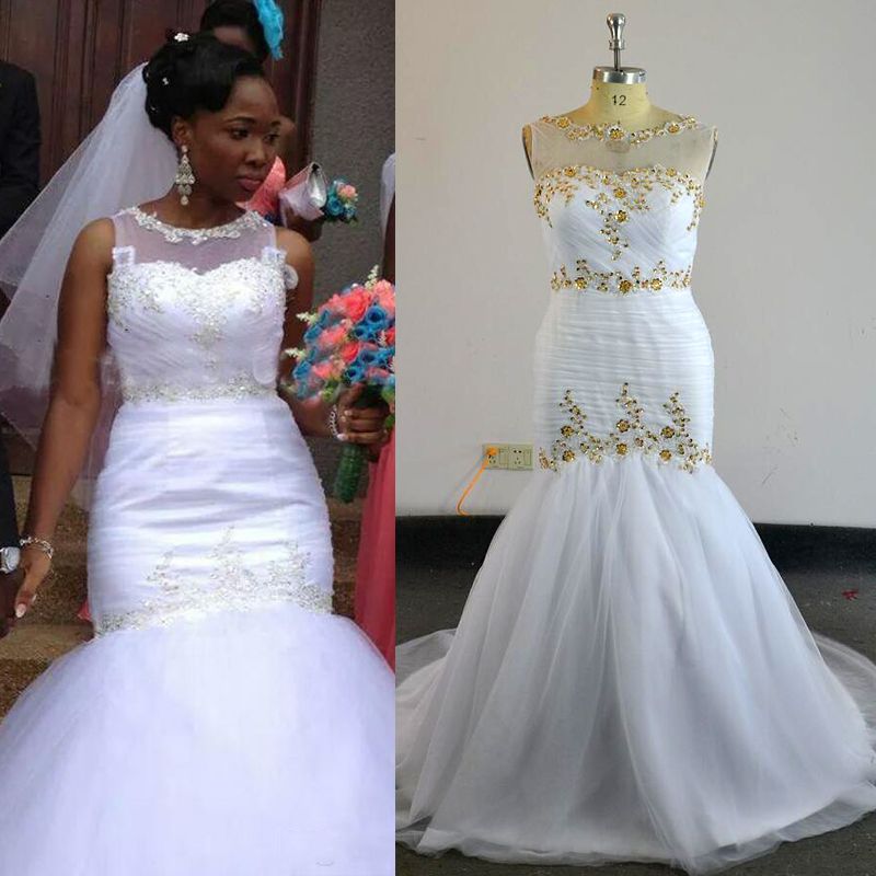 white and gold mermaid wedding dress