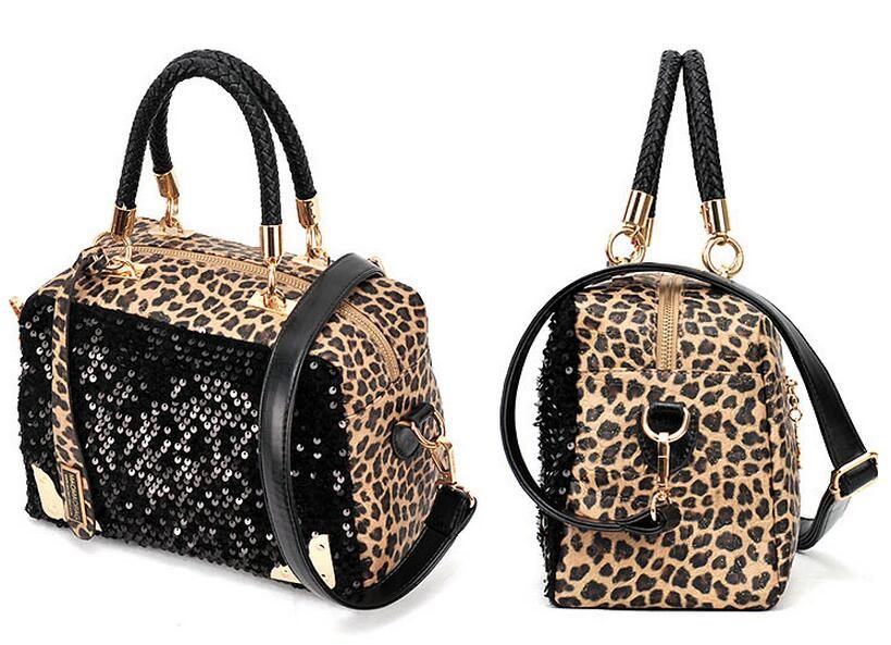 Cheap Fashion Casual Women Designer Handbag PU Leather Leopard Print Paillette Sequin Shoulder ...