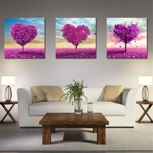 online cheap 3 panel canvas art purple tree landscape oil painting