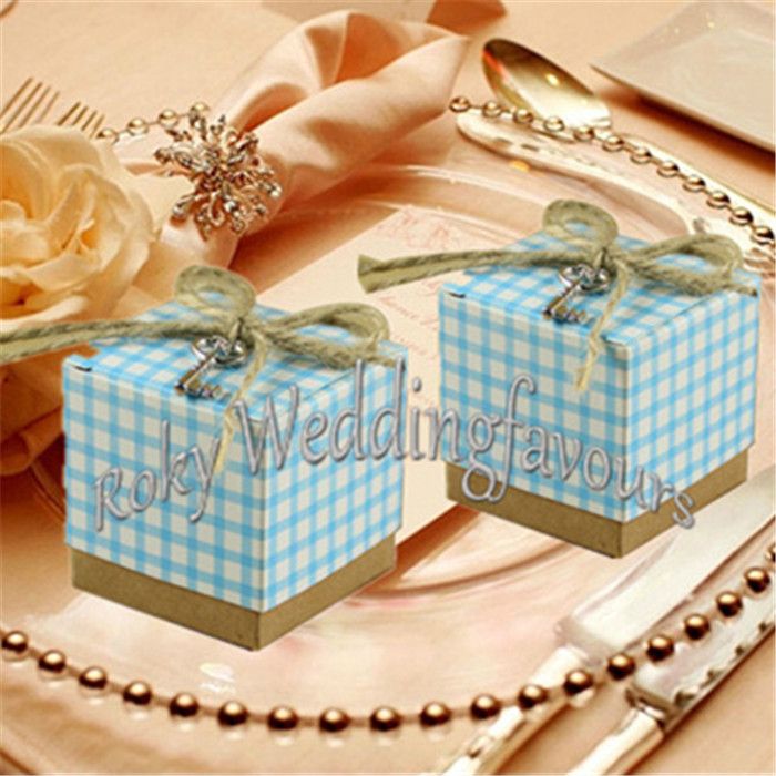 2 Square Rustic Blue Plaid Favor Boxes Baby Shower Birthday Party