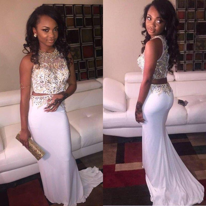 White Prom Dresses with Rhinestones