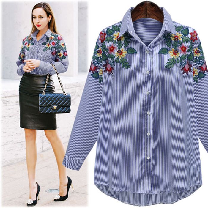 2020 Fashion Denim Shirt Ladies Cotton Long Sleeved Embroidery Floral