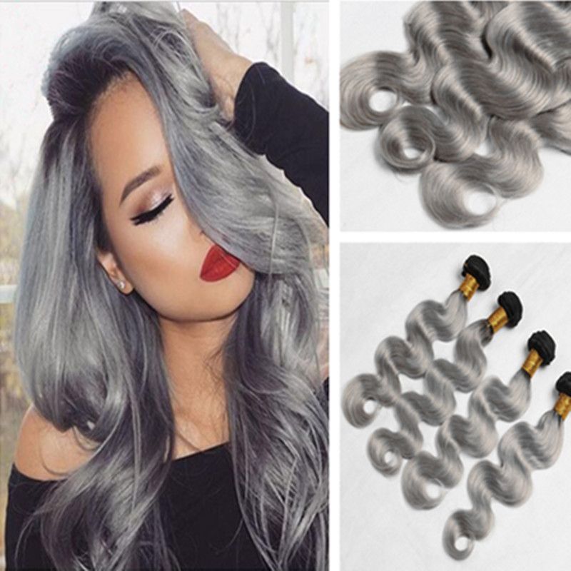 9a Ombre Silver Grey Human Hair Extensions Two Tone 1b Grey Dark