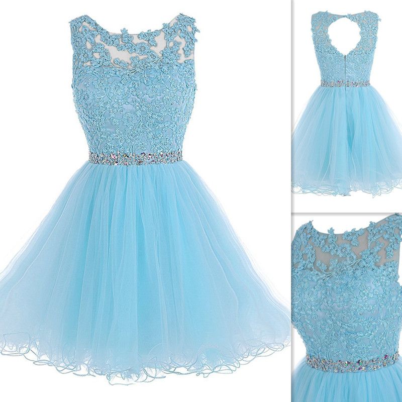 Light Sky Blue Short Prom Dresses 2016 Lace Sheer Neck Open Back ...