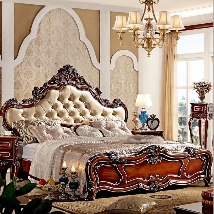 Precio de fábrica de cuero de tamaño king moderna cama de madera maciza europea Moda tallada de 1.8 m cama de muebles de dormitorio francés 10004 Precio de fábrica de cuero de tamaño king moderna cama de madera maciza europea Moda tallada de 1.8 m cama de muebles de dormitorio francés 10004