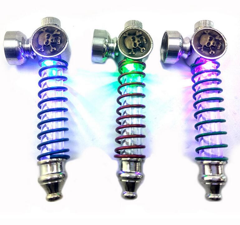 2020 Led Light Metal Spring Tube Smoking Pipe Portable Tobacco Pipes